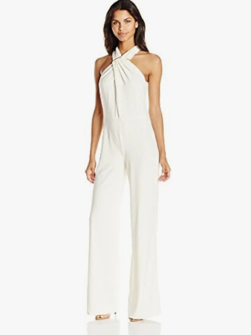 Halston Heritage Ivory Twist-Halter Wide-Leg Jumpsuit
